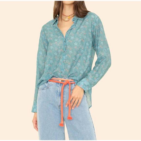 NEW XIRENA beau long sleeve shirt in aqua teal silk